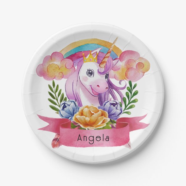 Prato De Papel Girls Cute Purple Unicorn Rainbow Nome Personaliza (Frente)