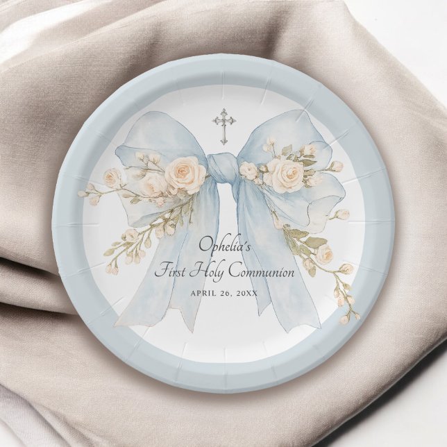 Prato De Papel Girl's First Communion Dusty Blue Floral Bow (Criador carregado)