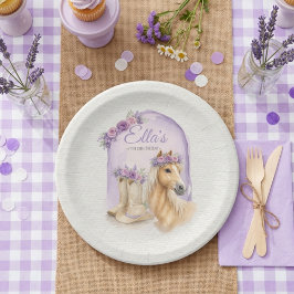 Prato De Papel Girls Purple Floral Horse Birthday Paper Plates