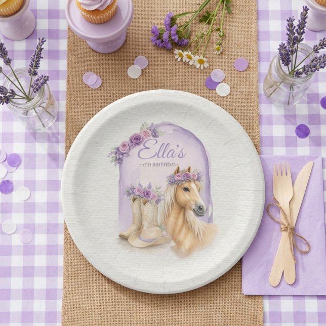 Prato De Papel Girls Purple Floral Horse Birthday Paper Plates (Criador carregado)