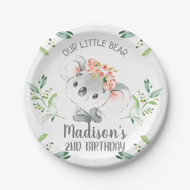 Prato De Papel Girls Watercolor Koala Bear Birthday (Frente)