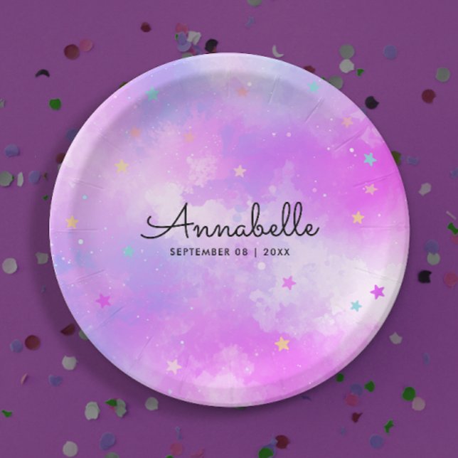 Prato De Papel Girly Dreamy Holographic Holographic Sky Stars Wat (Criador carregado)