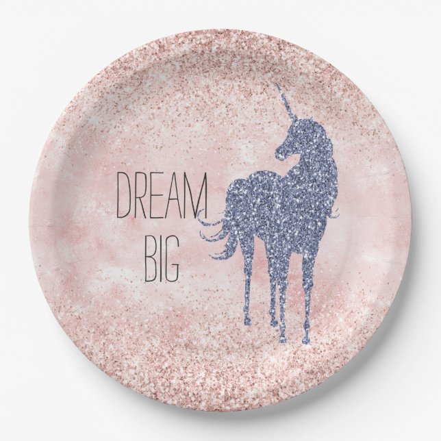 Prato De Papel Girly Glam Blush Pink Purple Unicorn Glitter (Frente)