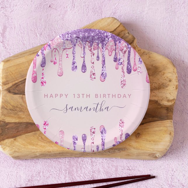 Prato De Papel Girly Glam Pink Roxo Glitter 13 Birthday (Criador carregado)