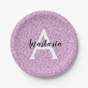 Prato De Papel Girly Glam Roxo Brilho Brilhos Monograma Nome