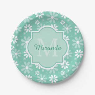 Prato De Papel Girly Monograma Mint White Daisy Flowers Com Nome