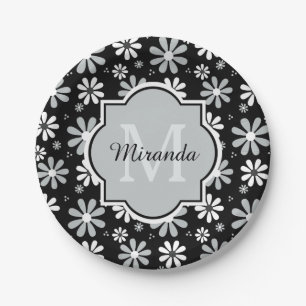 Prato De Papel Girly Monogramas Black White Daisy Flowers Com Nom