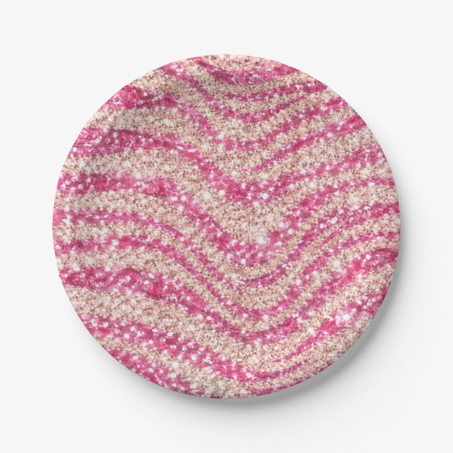 Prato De Papel Girly Pink Blush Glitter Zebra Pattern             (Frente)
