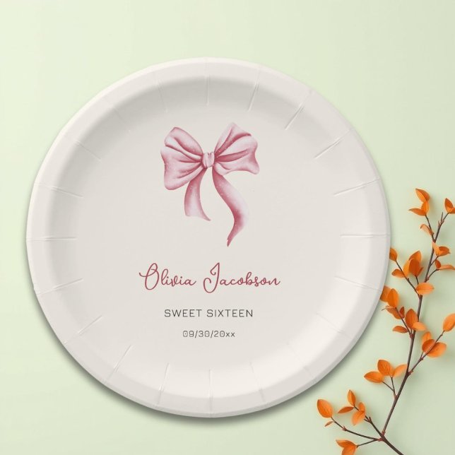 Prato De Papel Girly Pink Bow Girl Sweet Sixteen Birthday (Criador carregado)