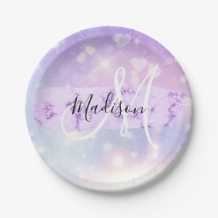 Prato De Papel Girly Sparkly Unicorn Rainbow Hearts Monograma