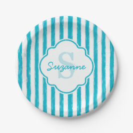 Prato De Papel Girly Turquoise Pains Stripes Monograma e Nome