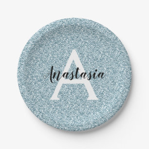 Prato De Papel Glam Blue Silver Glitter Sparkles Nome do Monogram