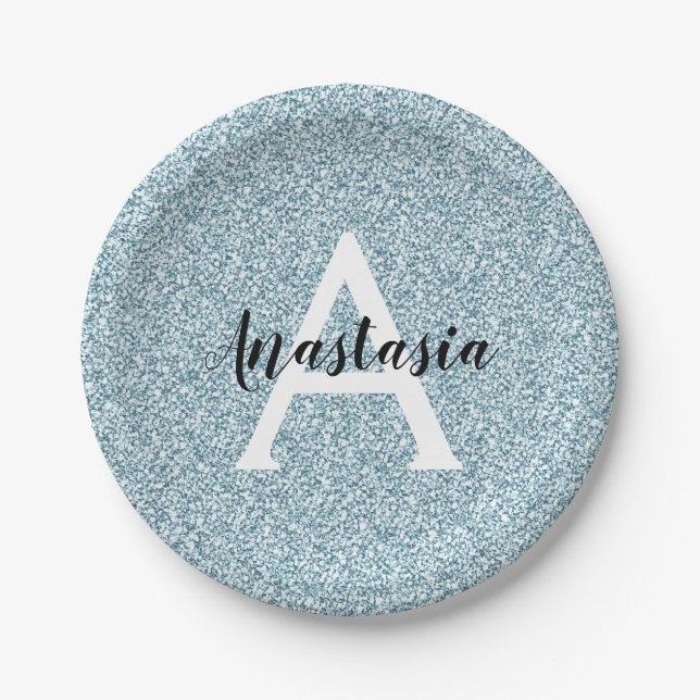 Prato De Papel Glam Blue Silver Glitter Sparkles Nome do Monogram (Frente)