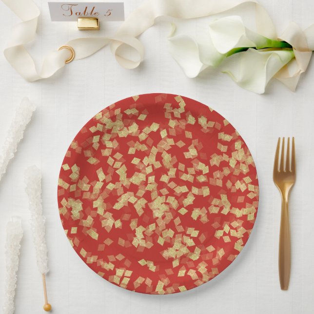 Prato De Papel Glam Confetti Dourado Vermelho (Casamento)