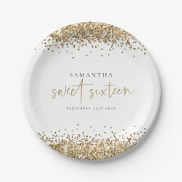 Prato De Papel Glam Dourado Glitter Name Date Sweet XVI