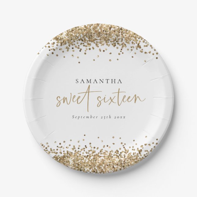 Prato De Papel Glam Dourado Glitter Name Date Sweet XVI (Frente)