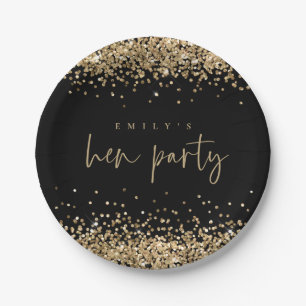 Prato De Papel Glam Dourado Glitter Name Hen Party Black