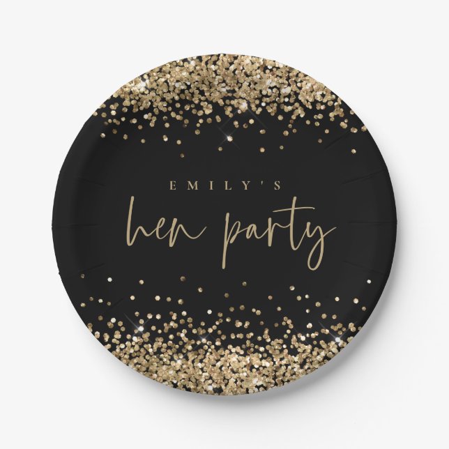 Prato De Papel Glam Dourado Glitter Name Hen Party Black (Frente)