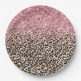 Prato De Papel Glam Dourado Leopard Impressão Luminosa Rosa