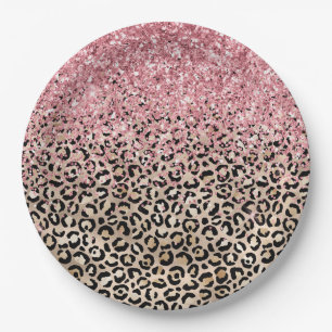 Prato De Papel Glam Dourado Leopard Impressão Luminosa Rosa