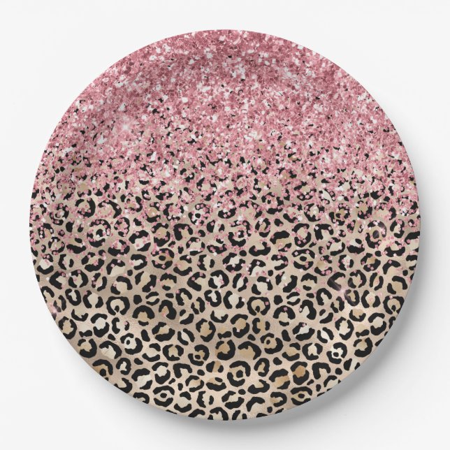 Prato De Papel Glam Dourado Leopard Impressão Luminosa Rosa (Frente)