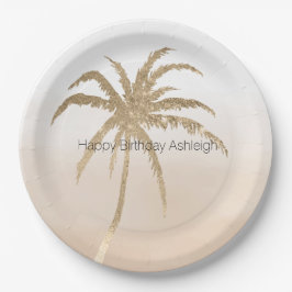 Prato De Papel Glam Dourado Tropical Palm Tree Ombre