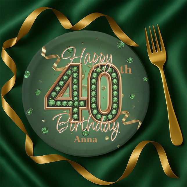 Prato De Papel Glam Emerald Green and Gold 40th Birthday (Criador carregado)
