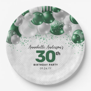 Prato De Papel Glam Emerald Green Silver Balloon Glitter Birthday
