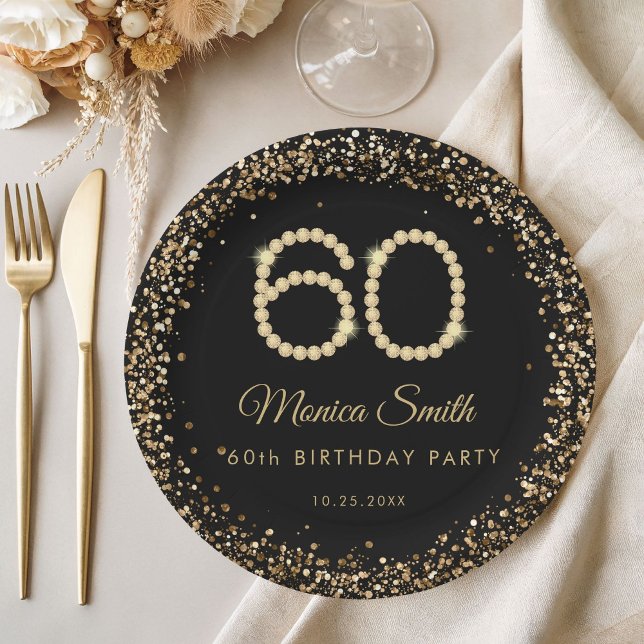 Prato De Papel Glam Gold Diamonds 60th Birthday Party Paper Plate (Gold Diamonds 60th Birthday Paper Plate)