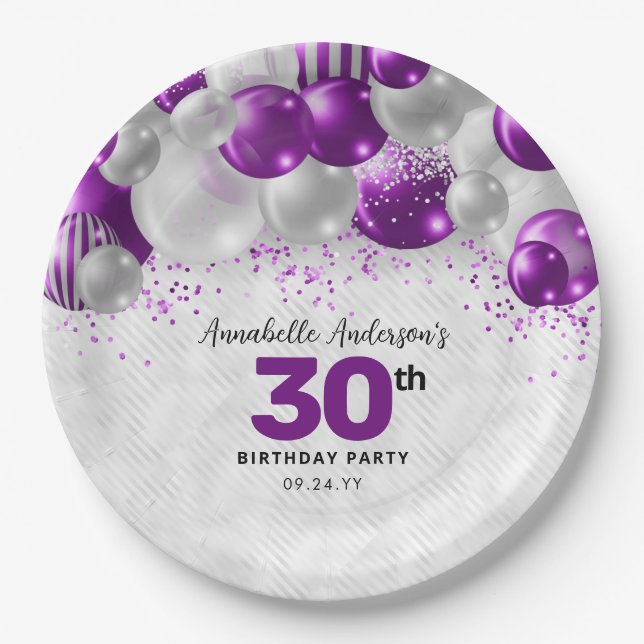 Prato De Papel Glam Purple Violet Silver Balloon Glitter Aniversá (Frente)