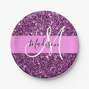 Prato De Papel Glam Rosa e Glitter Roxo Monograma Nome