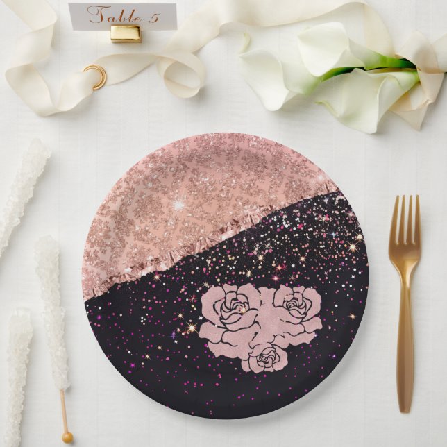 Prato De Papel Glam Rose Blush Rosas com Glitter Preto (Casamento)