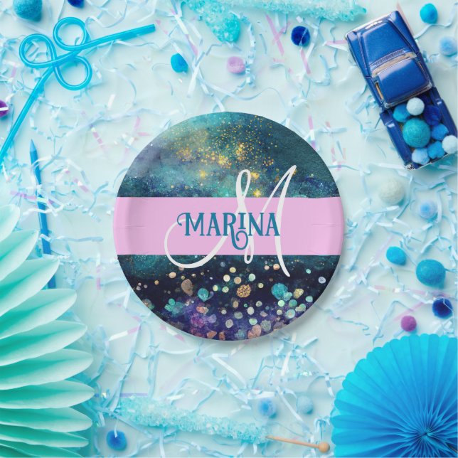 Prato De Papel Glam Sereia Aqua Dourada Glitter Gliters Monograma (Festa)