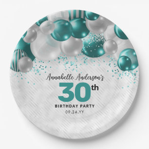 Prato De Papel Glam Teal Green Silver Balão Glitter Aniversário