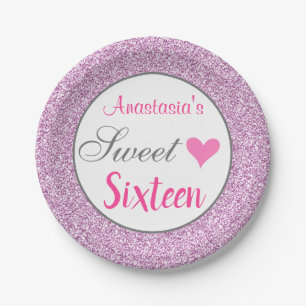 Prato De Papel Glamorosa Rosa Lilás Roxo Brilho Sweet Sixteen