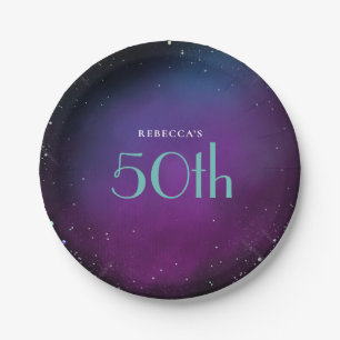 Prato De Papel Glamorous 50ª Festa de aniversário, nome roxo
