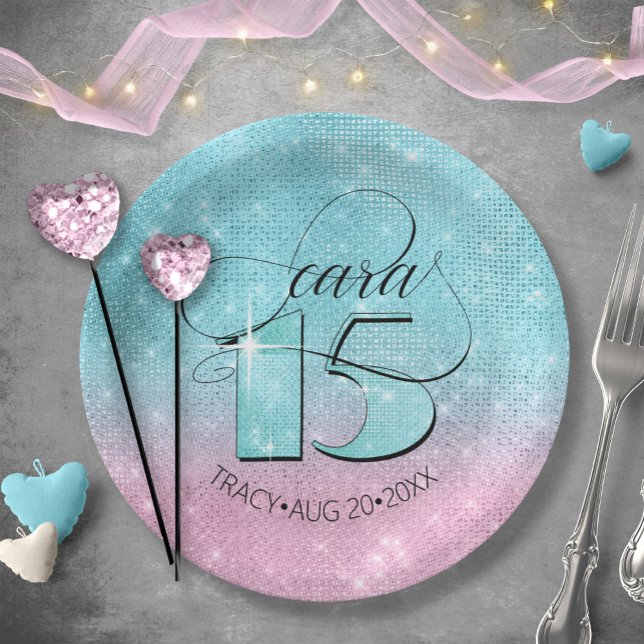 Prato De Papel Glitter and Shine Quinceanera Teal/Pink ID701 (Criador carregado)