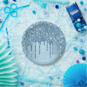 Prato De Papel Glitter de Gelo Azul Faux Sparkle Metálico