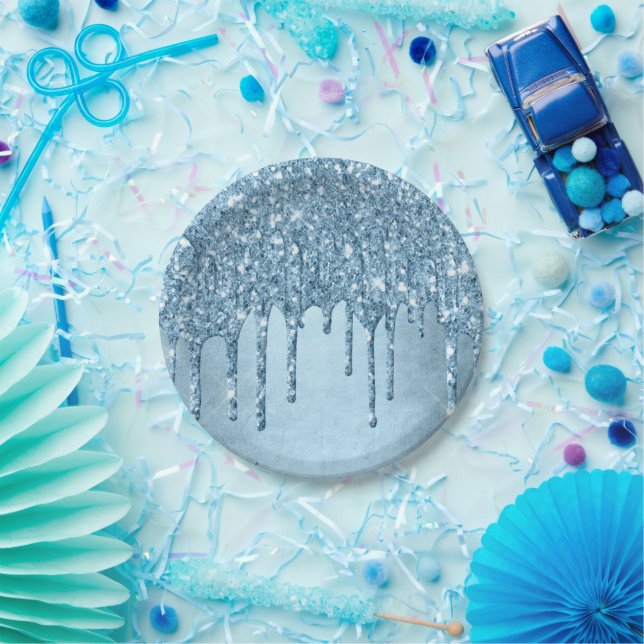 Prato De Papel Glitter de Gelo | Azul Faux Sparkle Metálico (Festa)