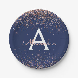 Prato De Papel Glitter de Ouro Rosa Azul Marinho Monograma Aniver