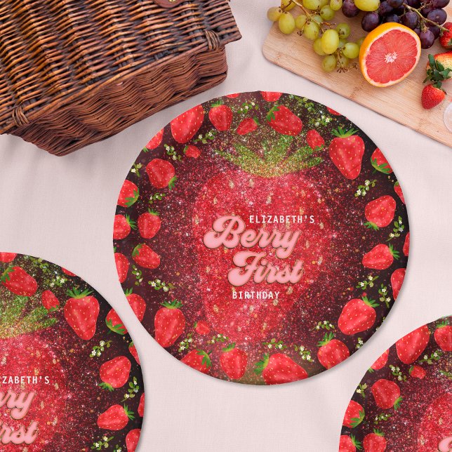 Prato De Papel Glitter do primeiro aniversario de Morango Preto D (Criador carregado)