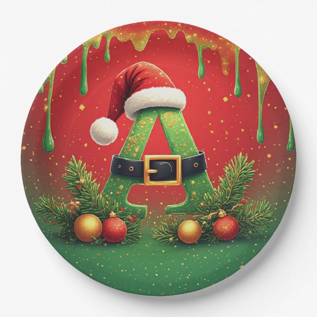Prato De Papel Glitter Dourado A Para Natal Familiar (Frente)