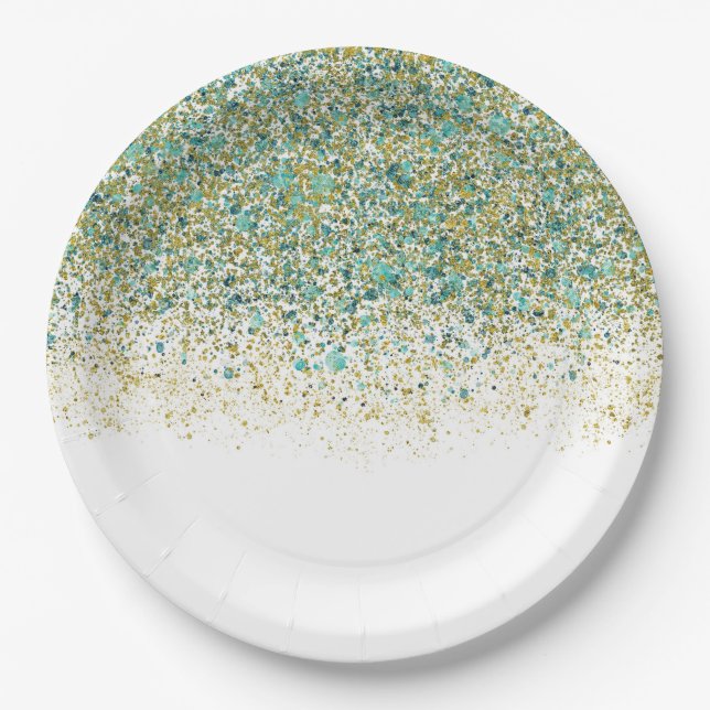 Prato De Papel Glitter Dourado branco e azul lacrimogênio moderno (Frente)