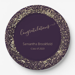 Prato De Papel Glitter Dourado Roxo de Graduação Personalizada