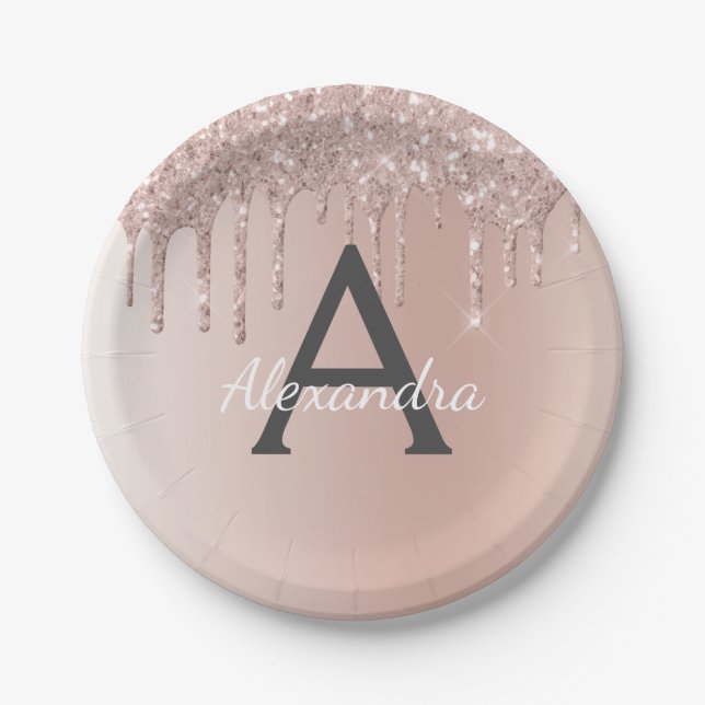 Prato De Papel Glitter e Brilho Dourado Rosa Monograma Aniversári (Frente)