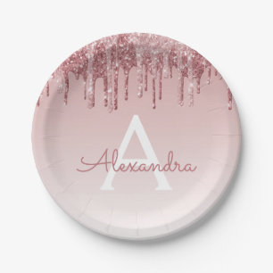 Prato De Papel Glitter e Brilho Rosa Dourado Monograma Aniversári