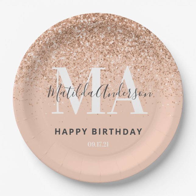 Prato De Papel Glitter feminino brilha festa de aniversário rosa  (Frente)