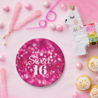 Prato De Papel Glitter Rosa Quente - Glama Sweet 16 Aniversário