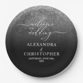 Prato De Papel Glitter Silver Sparkle Bem-vindo ao casamento