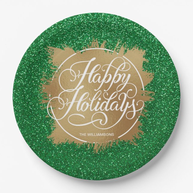 Prato De Papel Glitter Verde de Natal Faux Foil Dourado (Frente)